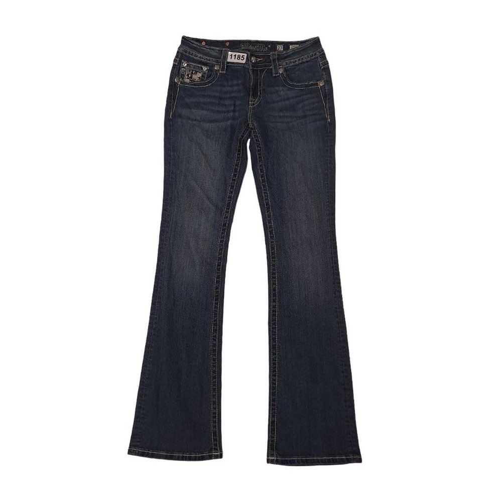 Miss Me Womens Signature Blue Denim Flat Front Buttoned Bootcut Jeans Size 27